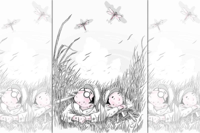 《來自清水的孩子》第1冊以鉛筆手繪及粉紅色調呈現蔡焜霖（左）的年少時光。（慢工文化提供）