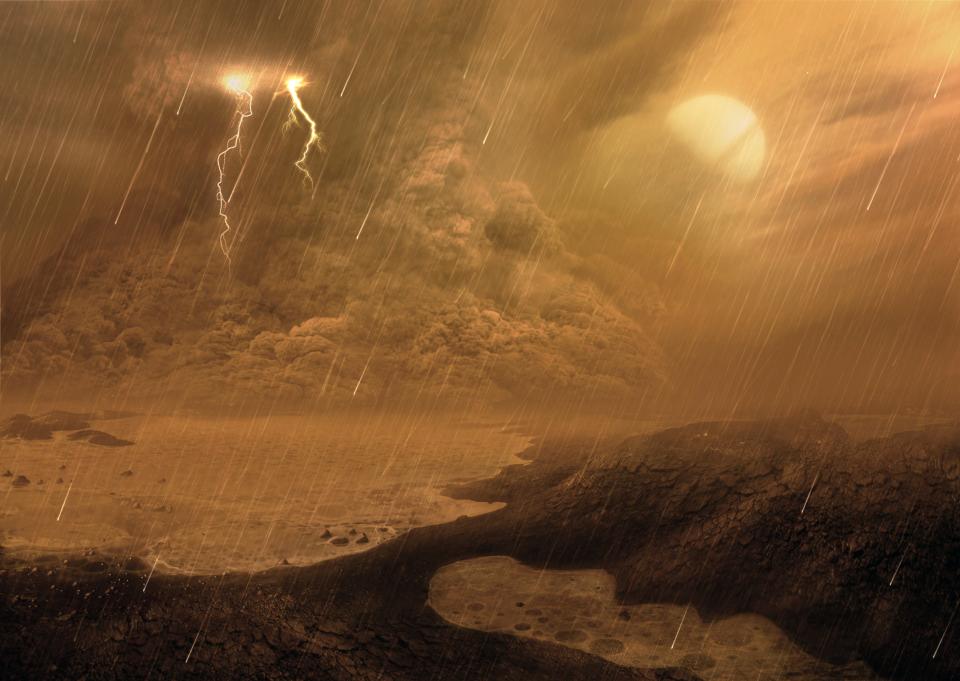 Dust storm of the surface of Titan, illustration. Titan, the largest moon of Saturn, is the only body in the known Solar System, aside from Earth, with liquid on its surface. But it's not water; it's liquid hydrocarbons. It's also the only satellite with a substantial atmosphere, made mostly of nitrogen. Scientists studying data from the Cassini mission by ESA have found dust storms raging around the moon's equator, as depicted in this illustration. Saturn is shown in the sky, although in reality it is unlikely it would be visible owing to the dense cloud coverage.