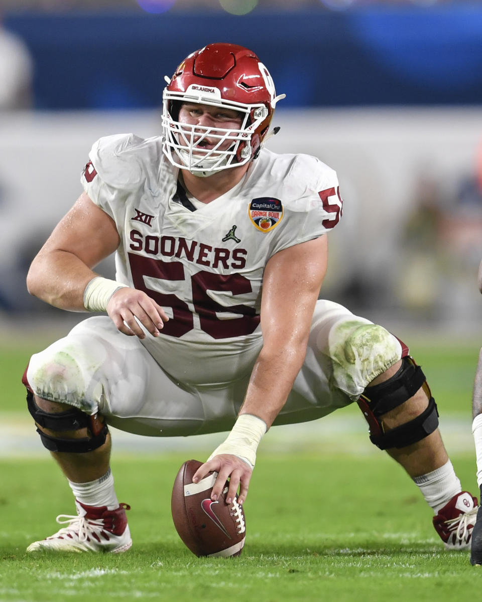 MIAMI GARDENS, FL - DECEMBER 29: Oklahoma offensive lineman Creed Humphrey (56) during the second half of the CFP Semifinal at the Orange Bowl between Alabama Crimson Tide and the Oklahoma Sooners on December 29, 2018, at Hard Rock Stadium in Miami Gardens, FL. (Photo by Roy K. Miller/Icon Sportswire via Getty Images)