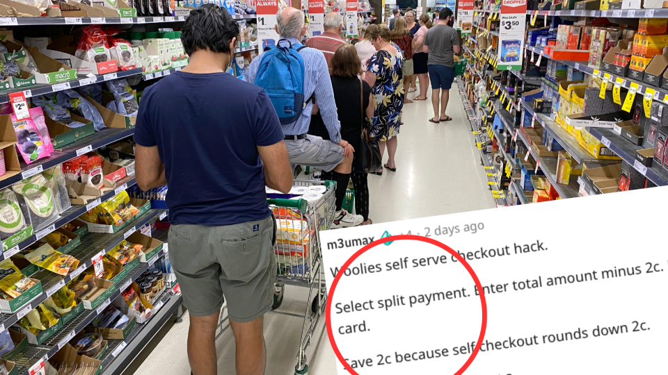 A composite image of people lining up at a Woolworths shopping centre and a comment from Reddit claiming you can get savings of $0.02 while shopping.