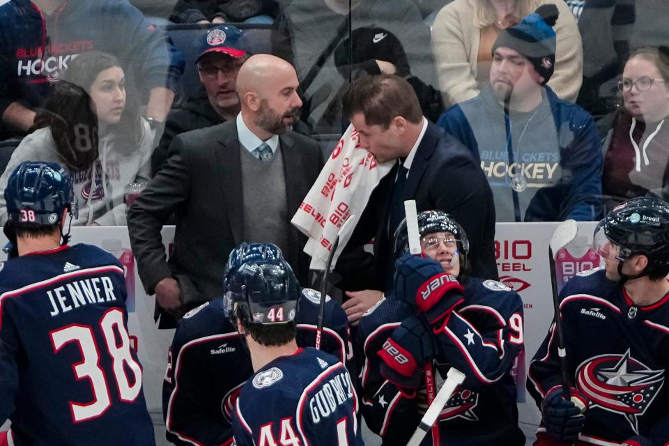 Nov 1, 2023; Columbus, Ohio, USA; Columbus Blue Jackets assistant coach Steve McCarthy leaves the bench after being hit by a puck in the face during the second period of the NHL hockey game against the Tampa Bay Lightning at Nationwide Arena.