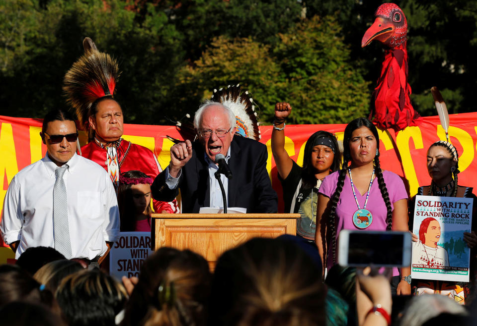 <p>Former Democratic presidential candidate Sen. Bernie Sanders speaks at a rally to call on President Obama to stop the Dakota Access pipeline, in front of the White House on Sept.13, 2016. (Photo: Jonathan Ernst/Reuters) </p>