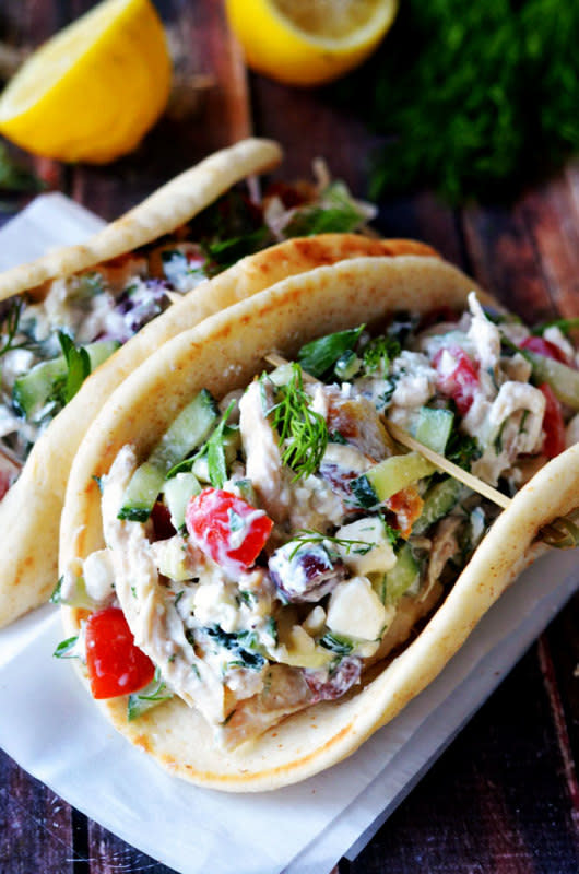 <p>This fresh, flavorful chicken salad is loaded with tomatoes, olives, onions, cucumber and feta cheese. Get the recipe <a href="http://hostthetoast.com/easy-greek-tzatziki-chicken-salad/" rel="nofollow noopener" target="_blank" data-ylk="slk:HERE;elm:context_link;itc:0;sec:content-canvas" class="link "><strong>HERE</strong></a>.</p>
