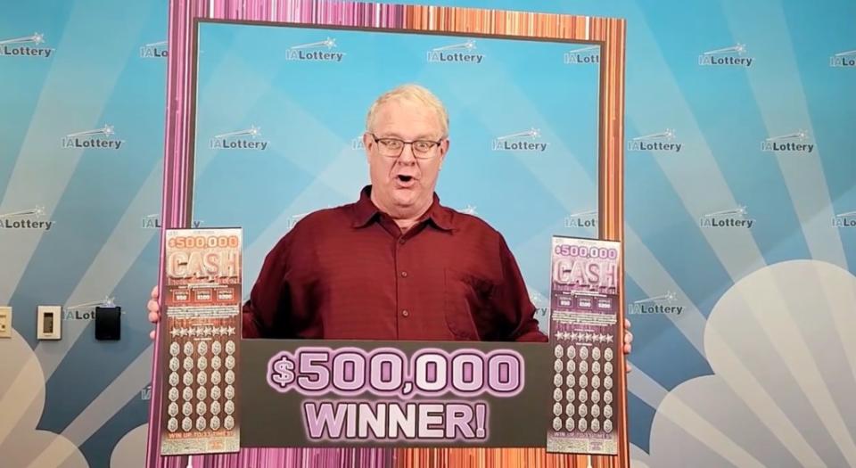 The Iowa pastor quickly ran back into the store to reclaim his ticket. YouTube/Iowa Lottery