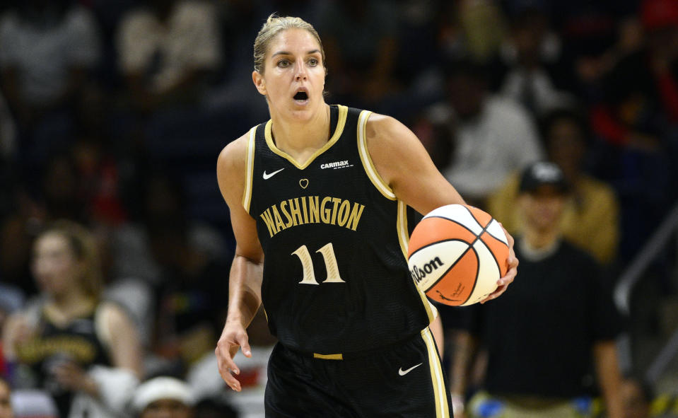 FILE - Washington Mystics forward Elena Delle Donne (11) dribbles during a WNBA basketball game against the Phoenix Mercury, Friday, June 16, 2023, in Washington. The Mystics star, a two-time WNBA MVP, might step away from basketball for an undetermined period of time, according to multiple reports. ESPN, citing anonymous sources, reported Wednesday, Feb. 7, 2024, that Delle Donne does not intend to sign the one-year supermax deal the Mystics have offered her. (AP Photo/Nick Wass, File)