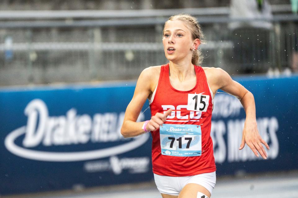 DCG's Piper Messerly runs the 1500 meter race during the Drake Relays at Drake Stadium on Saturday, April 27, 2024, in Des Moines.