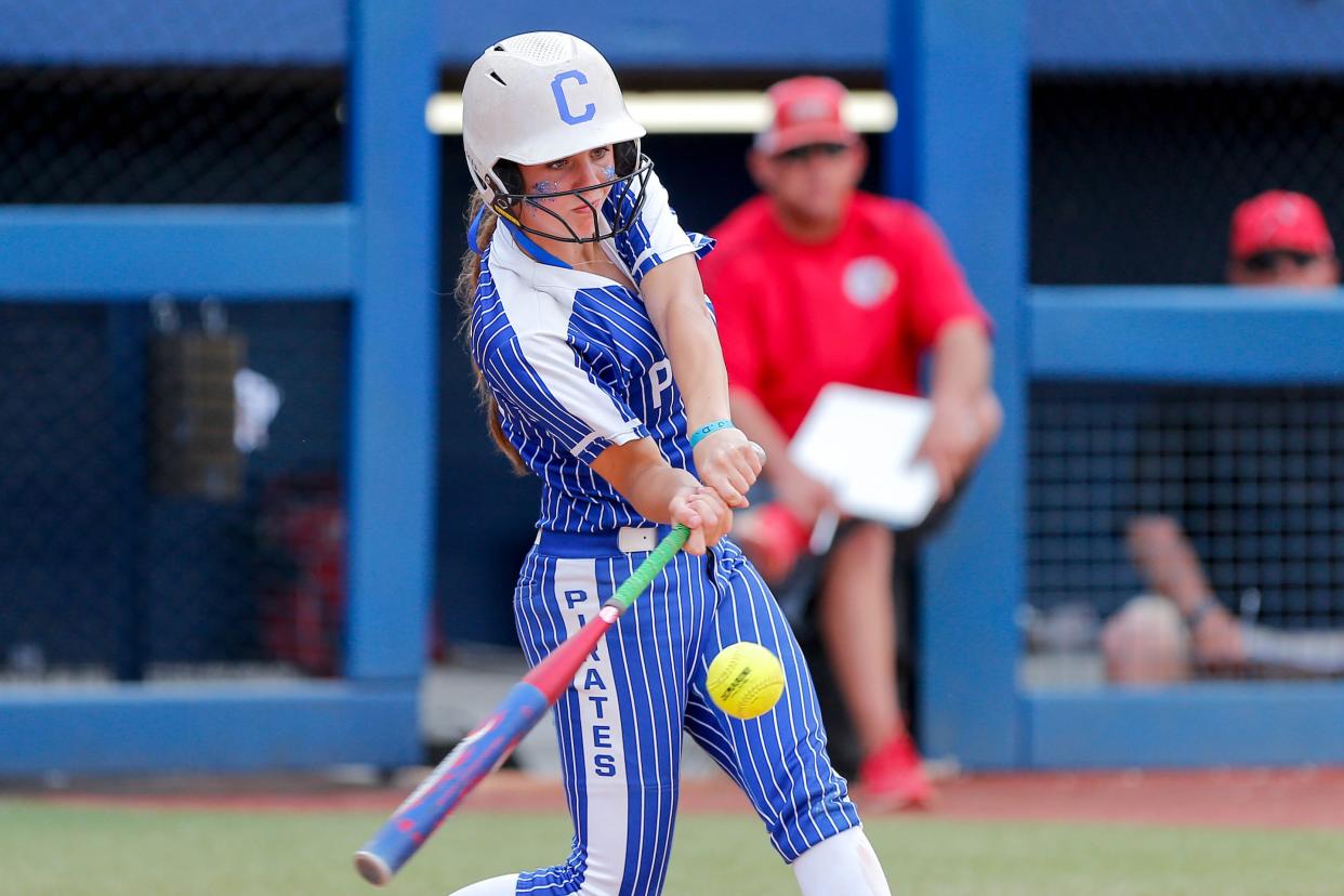 Cyril’s Hadley Gibson (12) gets a base hit during the Class 2A slow pitch championship game between Shattuck and Cyril at the USA Softball Hall of Fame Complex in Oklahoma City on Wednesday, May 1, 2024.