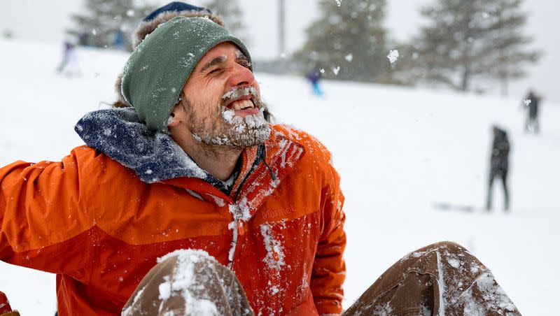 Anthony Roberts’ beard is coated in snow after sledding down a hill at Sugar House Park in Salt Lake City on Sunday, Jan. 7, 2024. Winter storms hit the Wasatch Front over the weekend.