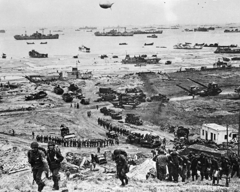 (FILES) This file photograph taken on June 6, 1944, shows Allied forces soldiers during the D-Day  landing operations in Normandy, north-western France. - The D-Day ceremonies on June 6, 2019, will mark the 75th anniversary since the launch of 'Operation Overlord', a vast military operation by Allied forces in Normandy, which turned the tide of World War II, eventually leading to the liberation of occupied France and the end of the war against Nazi Germany. (Photo by - / AFP)-/AFP/Getty Images ORIG FILE ID: AFP_1GY9SJ