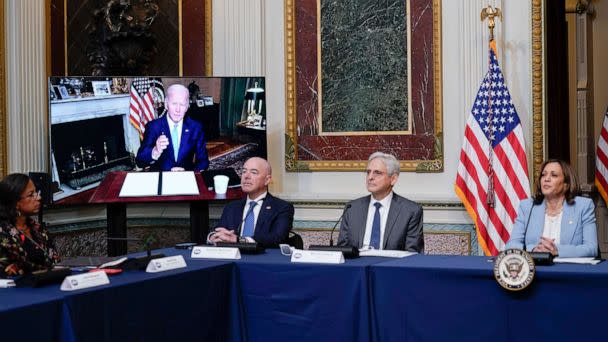 PHOTO: President Joe Biden speaks virtually during the first meeting of the interagency Task Force on Reproductive Healthcare Access at the White House complex in Washington, D.C., Aug. 3, 2022.  (Susan Walsh/AP)