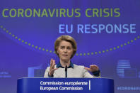 European Commission President Ursula von der Leyen, speaks during a media conference on the European Union response to the COVID-19 crisis at EU headquarters in Brussels, Wednesday, April 15, 2020. The European Union moved Wednesday to head off a chaotic and potentially disastrous easing of restrictions that are limiting the spread of the coronavirus, warning its 27 nations to move very cautiously as they return to normal life and base their actions on scientific advice. (John Thys, Pool Photo via AP)