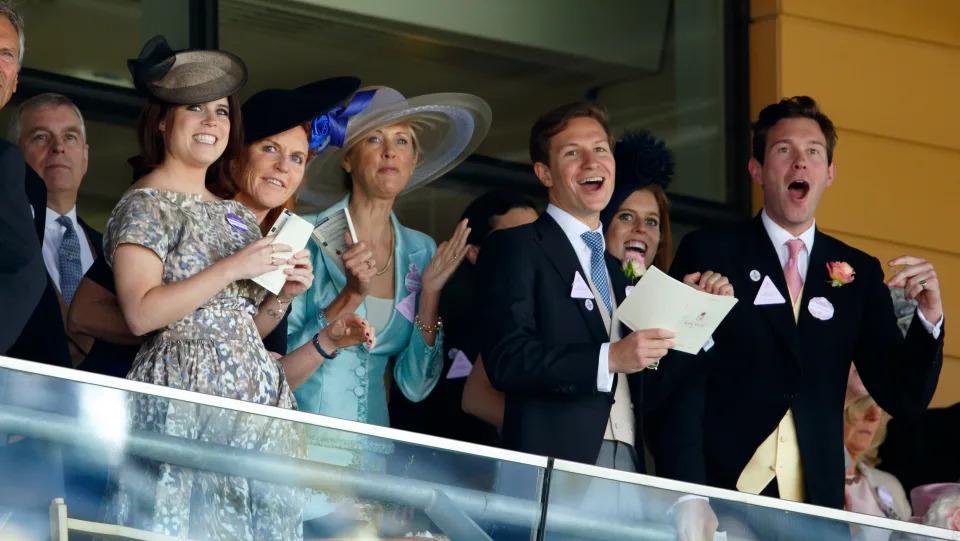 ASCOT, UNITED KINGDOM - JUNE 19: (EMBARGOED FOR PUBLICATION IN UK NEWSPAPERS UNTIL 48 HOURS AFTER CREATE DATE AND TIME) Prince Andrew, Duke of York, Princess Eugenie, Sarah Ferguson, Duchess of York, Catrina Skepper, Countess Guerrini-Maraldi, Dave Clark, Princess Beatrice and Jack Brooksbank watch the racing as they attend day 4 of Royal Ascot at Ascot Racecourse on June 19, 2015 in Ascot, England. (Photo by Max Mumby/Indigo/Getty Images)