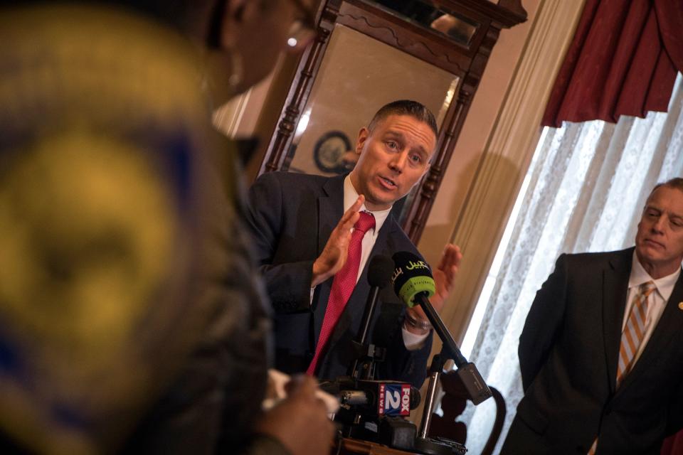 FBI Special Agent Jack Archer speaks to the media about the Nowlin powder horn, a rare 262-year-old stolen Dearborn artifact as it is returned at the Dearborn historical Museum in Dearborn, Mich., Tuesday, Jan. 15, 2019.
He said the powder horn was used in the Revolutionary War and the War of 1812.