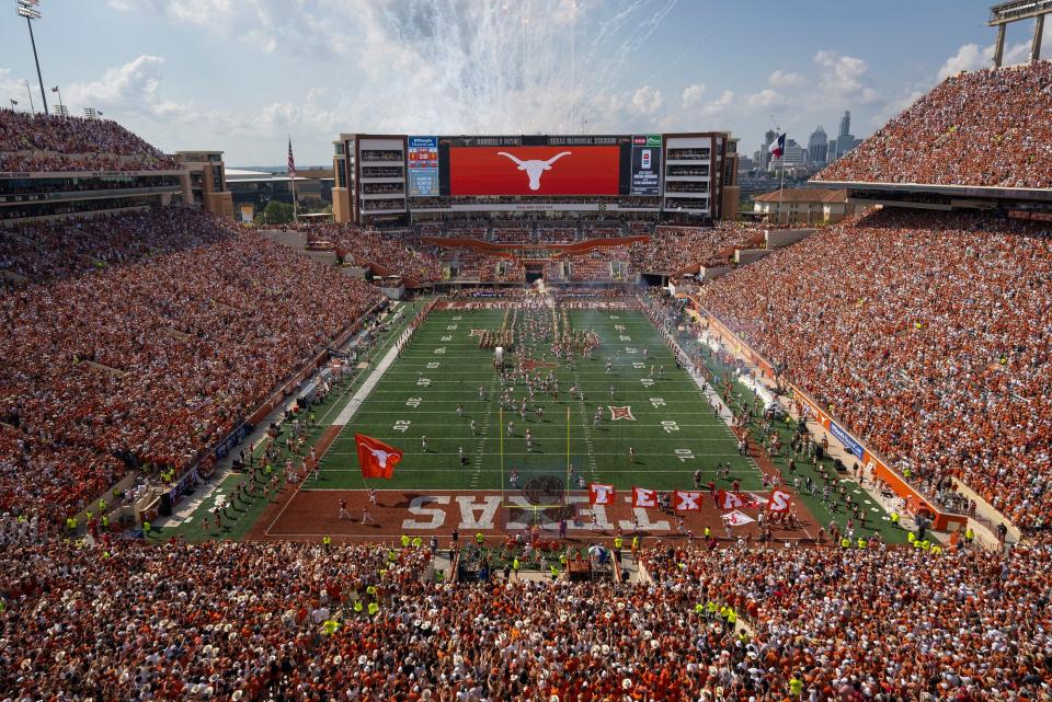 The Longhorns football team takes the field for kickoff against Alabama at Darrell K Royal – Texas Memorial Stadium on Saturday, September 10, 2022.