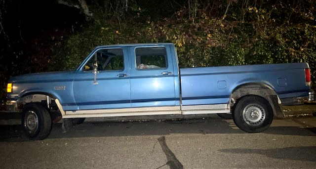 The boyfriend drives this blue 1989 Ford pickup truck with the license plate “UNCLDRT.” (ECPD photo)