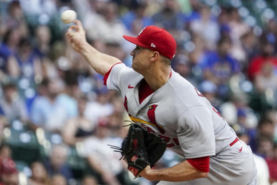 St. Louis Cardinals starting pitcher Jack Flaherty throws during the first inning of a baseball game against the Milwaukee Brewers Tuesday, June 21, 2022, in Milwaukee. (AP Photo/Morry Gash)