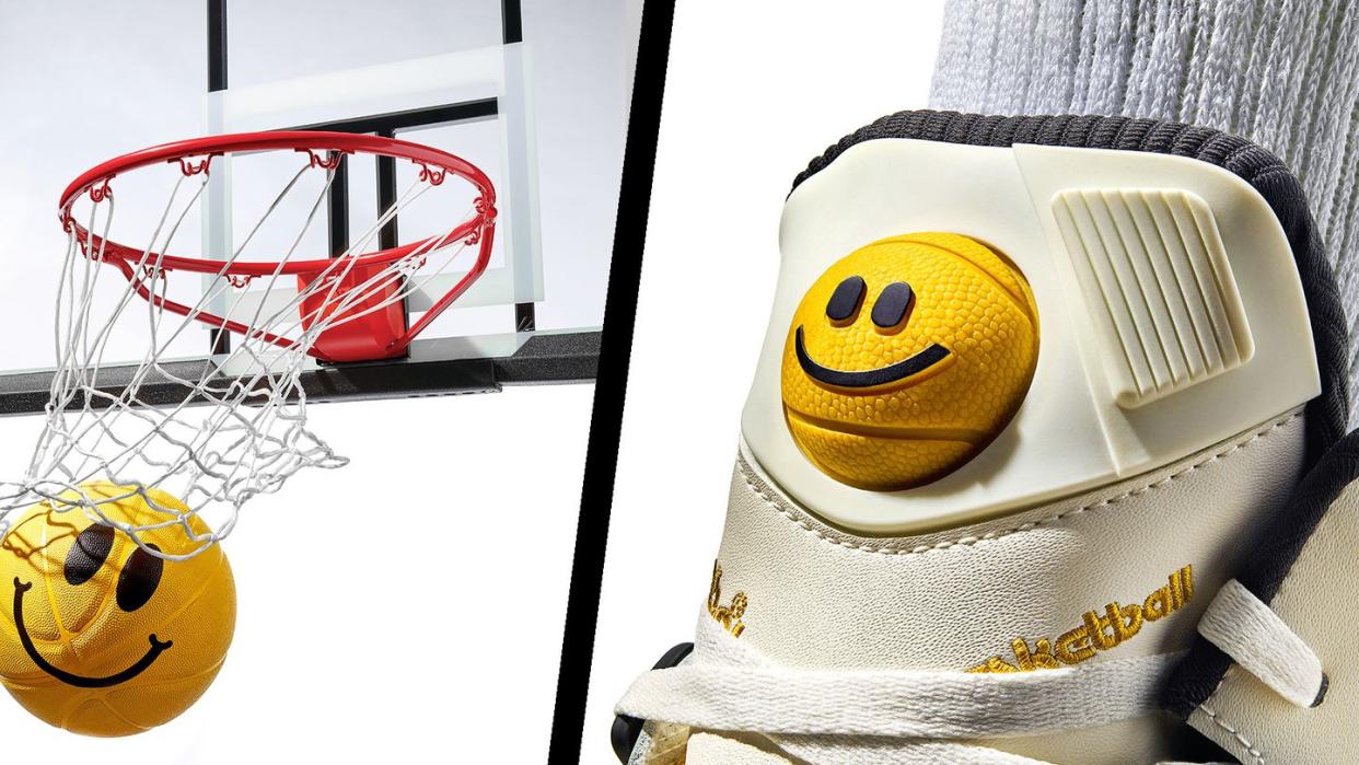 a basketball with a smiley face going through the net and a shoe with a smiley face