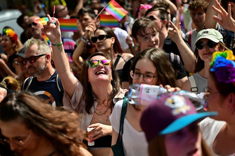 People attend the annual Pride march in Budapest