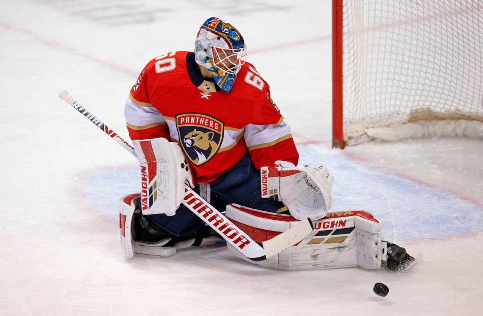 Florida Panthers goalie Chris Driedger (60) blocks a shot during the first period of the Florida Panthers NHL home opener game against the Chicago Blackhawks t the BB&T Center on Sunday, January 17, 2021 in Sunrise, Fl.