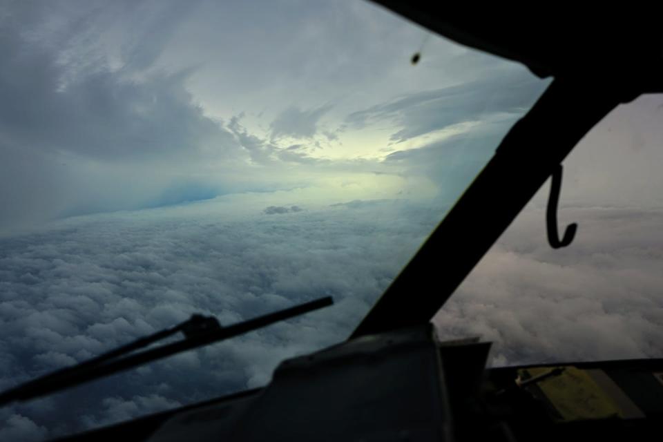 In the eye of Hurricane Teddy in 2020. The eye is the calmest part of the storm, but it’s surrounded by the most intense part: the eyewall. <a href="https://www.omao.noaa.gov/learn/aircraft-operations/media/images" rel="nofollow noopener" target="_blank" data-ylk="slk:Lt. Cmdr. Robert Mitchell/NOAA Corps;elm:context_link;itc:0;sec:content-canvas" class="link ">Lt. Cmdr. Robert Mitchell/NOAA Corps</a>