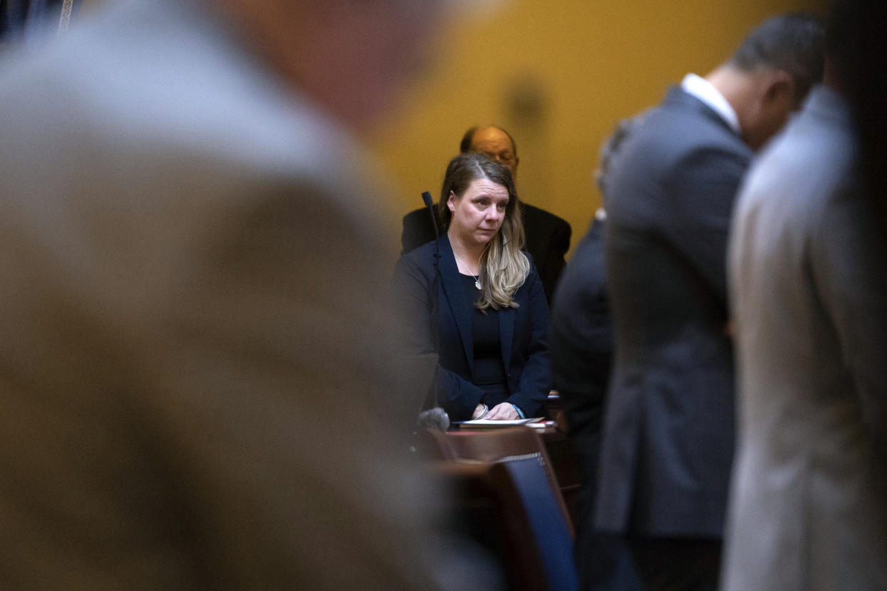 Nicole Schmidt, mother of Gabby Petito, stands on the Utah Senate floor during a moment of silence dedicated to Petito, Amanda Mayne and other victims of domestic violence at the Capitol in Salt Lake City on Monday, Jan. 30, 2023. (Ryan Sun/The Deseret News via AP)