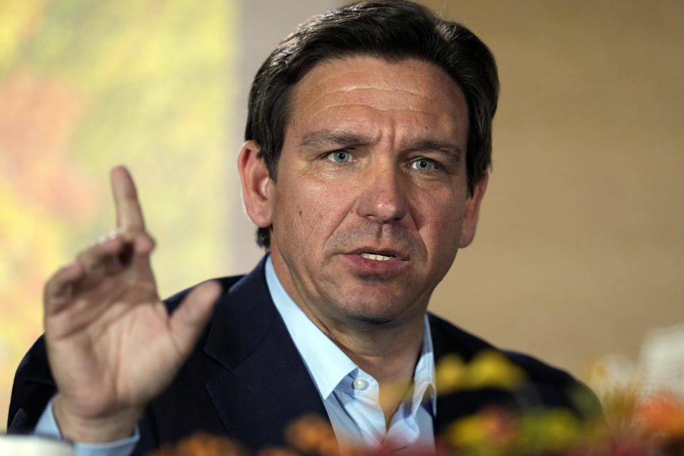 Republican presidential candidate Florida Gov. Ron DeSantis speaks during the Family Leader's Thanksgiving Family Forum, Friday, Nov. 17, 2023, in Des Moines, Iowa. (AP Photo/Charlie Neibergall)