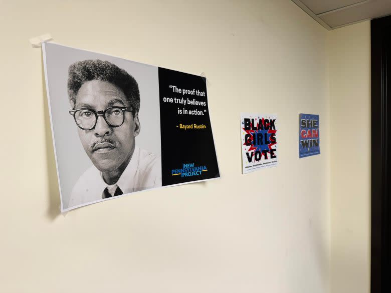 New Pennsylvania Project’s Harrisburg office includes photographs of Bayard Rustin and other Black civil rights figures. (Brandon Tensley/Capital B)
