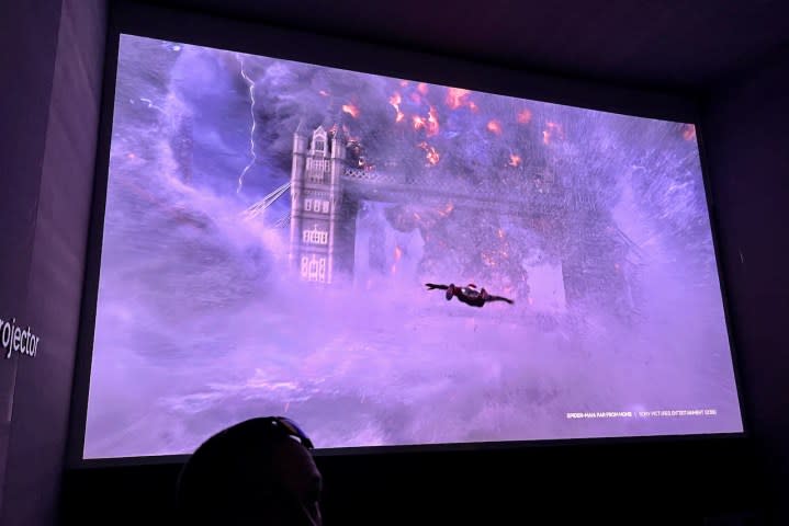 The Xgimi Horizon Max projector demo at CES 2024 showing a clip from a Spider-Man video game.