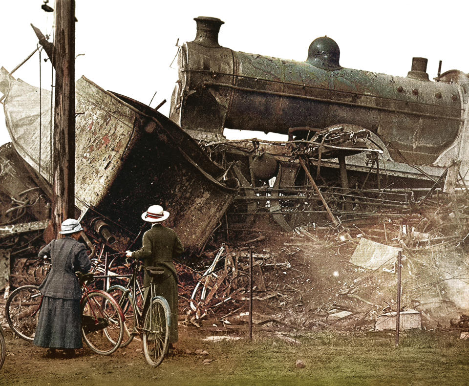 <p>On 22nd May 1915, the Quintinshill rail disaster occurred near Gretna Green, Scotland at Quintinshill on the Caledonian Railway Main Line linking Glasgow and Carlisle. The crash, which involved five trains, killed a probable 226 and injured 246 and remains the worst rail crash in British history in terms of loss of life. Those killed were mainly Territorial soldiers from the 1/7th (Leith) Battalion, the Royal Scots heading for Gallipoli. (Tom Marshall/mediadrumworld.com) </p>