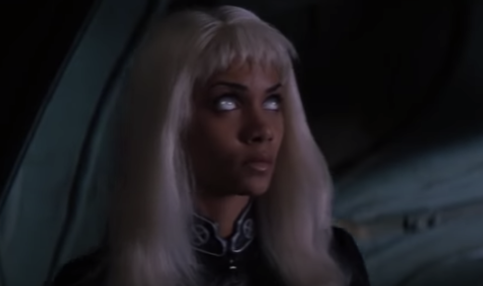 Halle Berry in a white wig with extremely short bangs