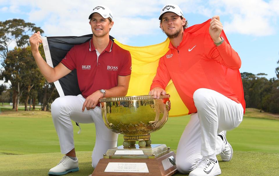 MELBOURNE, AUSTRALIA - NOVEMBER 25: Thomas Detry and Thomas Pieters of Belgium pose with the trophy after winning during day four of the 2018 World Cup of Golf at The Metropolitan on November 25, 2018 in Melbourne, Australia. (Photo by Quinn Rooney/Getty Images)