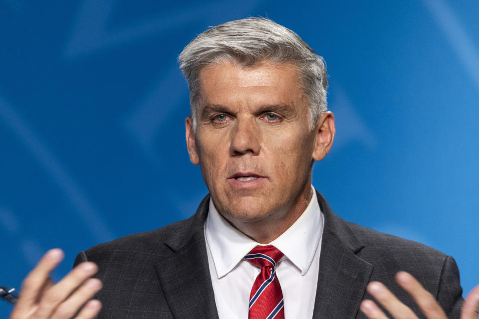 Utah Rep. Phil Lyman speaks during Utah's gubernatorial GOP primary debate against incumbent Gov. Spencer Cox, at the Eccles Broadcast Center, Tuesday, June 11, 2024, in Salt Lake City. (Isaac Hale/The Deseret News via AP, Pool)