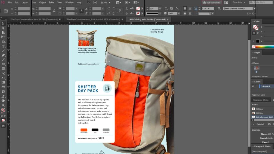 Advertisement for backpack being laid out in Adobe InDesign interface