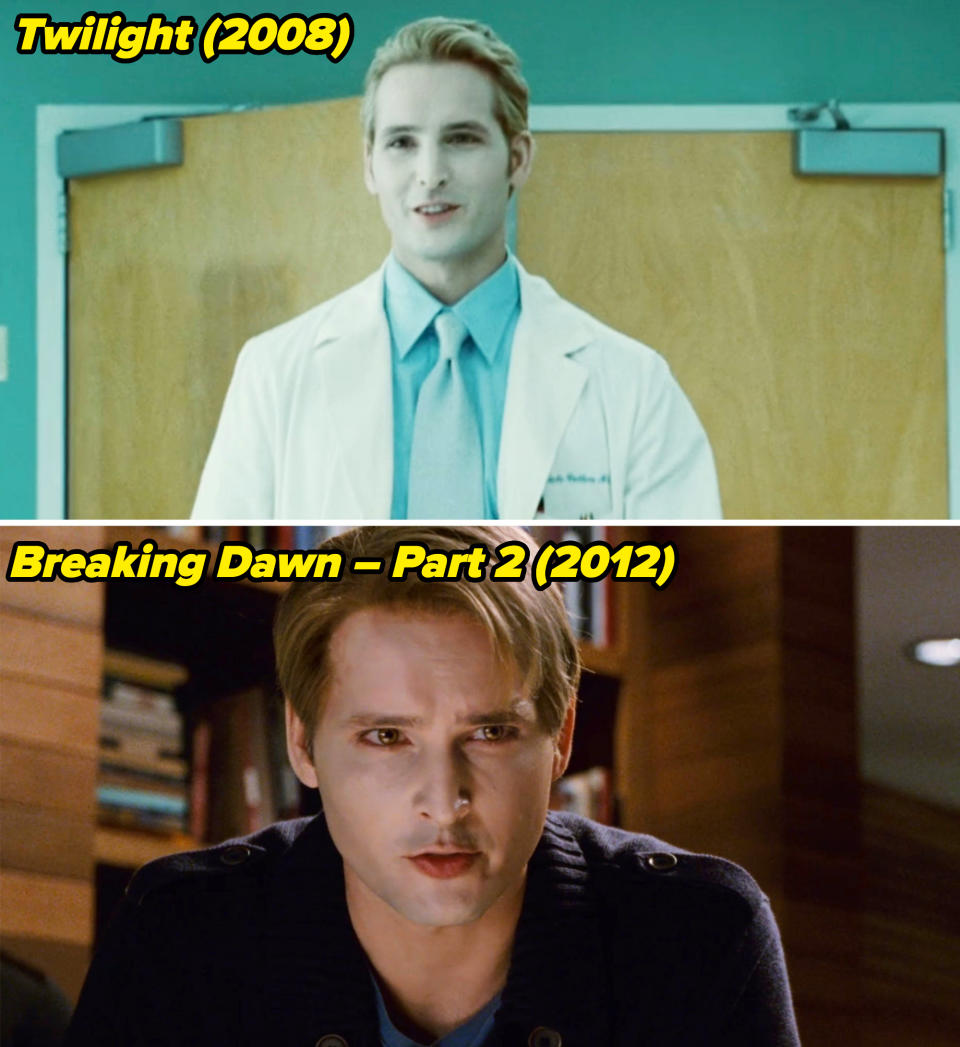 him wearing a doctor's coat in the first film and staring intently in a room in the last film