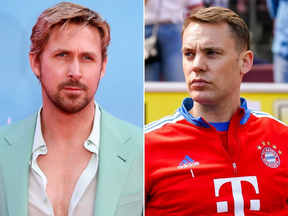 Ryan Gosling (l.) und Manuel Neuer trafen sich in Berlin. (Bild: Fred Duval/Shutterstock / Orange Pictures/Shutterstock)