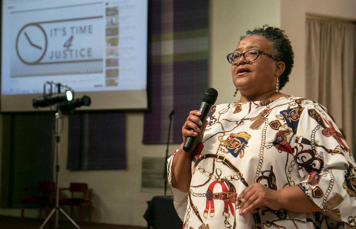 Sheryl Ferguson of the group It’s Time 4 Justice is pictured speaking at a forum she organized on race issues in 2022.