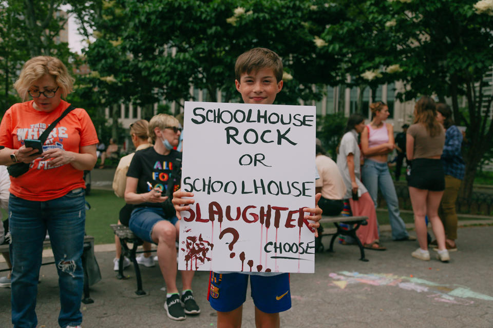 <em>Dash – family friend of Tuttavilla – poses with a sign that reads “Schoolhouse Rock or Schoolhouse Slaughter?”</em>