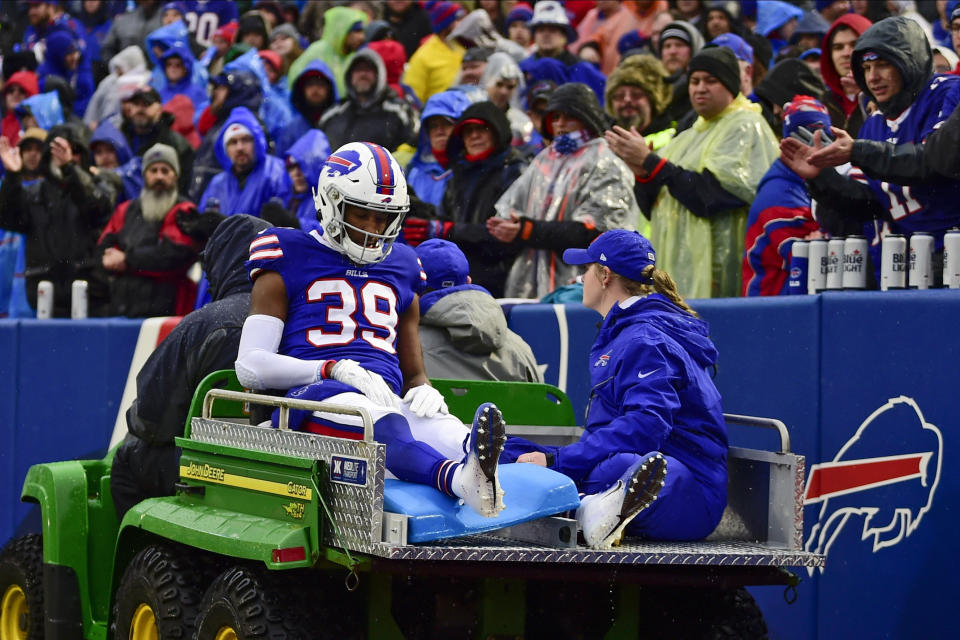 Buffalo Bills cornerback Levi Wallace (39) is carted off the field during the first half of an NFL football game against the New York Jets Sunday, Dec. 29, 2019 in Orchard Park, N.Y. (AP Photo/David Dermer)