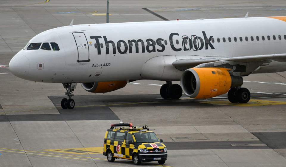 An airplane of British tour operator Thomas Cook is seen on September 24, 2019 at the airport in Duesseldorf, western Germany. - As British tour operator Thomas Cook declared bankruptcy, some 600,000 tourists from around Europe had their holidays disrupted. Thomas Cook's subsidiary Condor has said it will continue flying and applied for an emergency "bridging loan" from Berlin. (Photo by Ina FASSBENDER / AFP)        (Photo credit should read INA FASSBENDER/AFP/Getty Images)