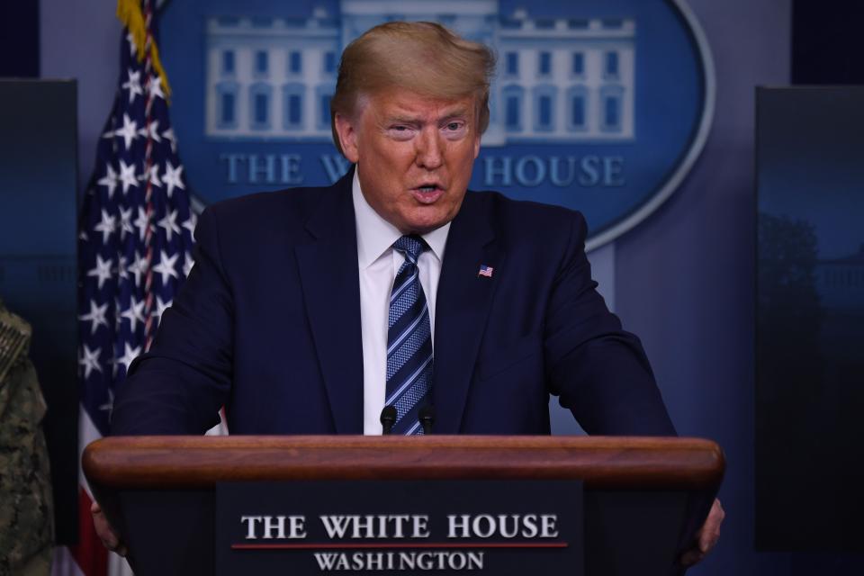 President Donald Trump speaks during a briefing on April 5, 2020.