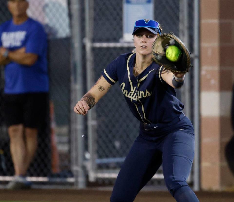 Kelley first baseman Lauren Kavanaugh records an out during a UIL District 6A Region1Semi-finals at Coppell Softball Complex in Coppell, Texas, Friday, May 17, 2024.