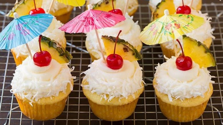 pina colada cupcakes on tray