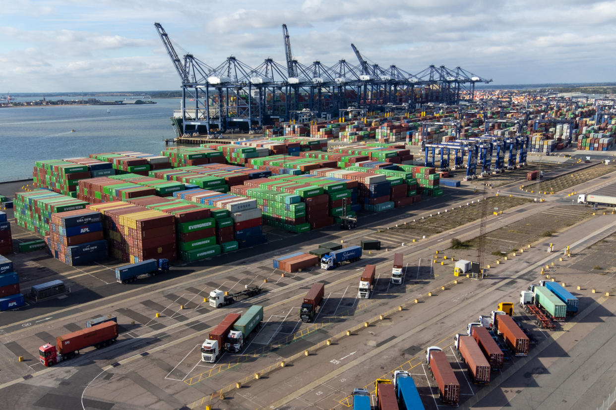 Lorries wait at the Port of Felixstowe in Suffolk, as shipping giant Maersk has said it is diverting vessels away from UK ports to unload elsewhere in Europe because of a build-up of cargo. Picture date: Wednesday October 13, 2021.