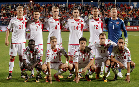 Soccer Football - 2018 World Cup Qualifications - Europe - Montenegro vs Denmark - Podgorica City Stadium, Podgorica, Montenegro - October 5, 2017 Denmark pose for a team group photo before the match REUTERS/Stevo Vasiljevic