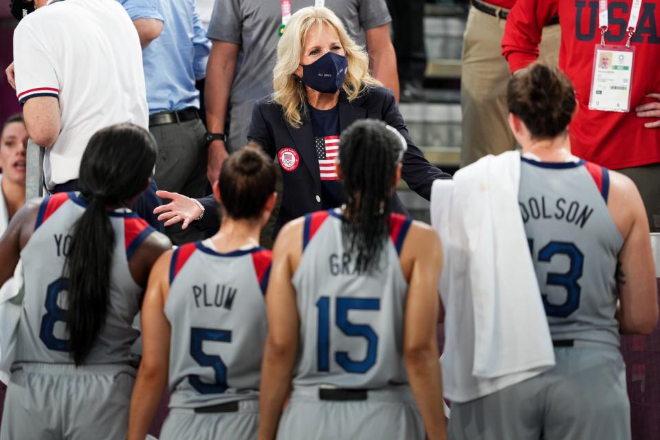 First lady Jill Biden greets the US team after they faced France in a 3x3 basketball game.