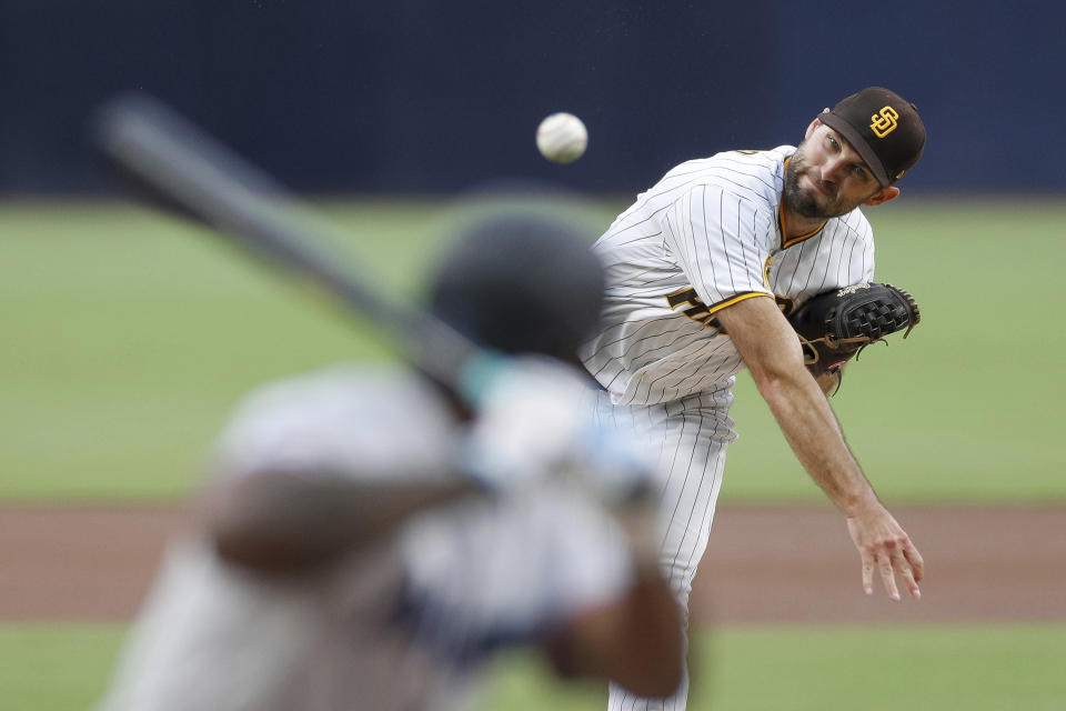 San Diego Padres starting pitcher Michael Wacha throws to the plate during the first inning of a baseball game against the Miami Marlins, Monday, Aug 21, 2023, in San Diego. (AP Photo/Brandon Sloter)