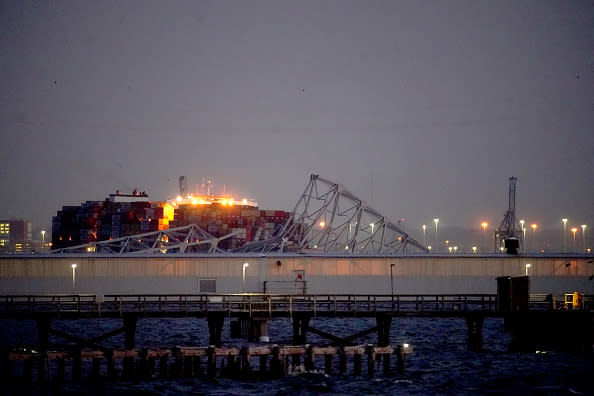 The Dali container vessel after striking the Francis Scott Key Bridge that collapsed into the Patapsco River in Baltimore, Maryland, US, on Tuesday, March 26, 2024. The commuter bridge collapsed after being rammed by the Dali ship, causing vehicles to plunge into the water. Photographer: Al Drago/Bloomberg via Getty Images