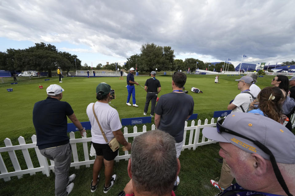 United States' Max Homa attends a training in the practice range of the Marco Simone Golf Club in Guidonia Montecelio, Italy, Monday, Sept. 25, 2023. The Marco Simone Club on the outskirts of Rome will host the 44th edition of The Ryder Cup, the biennial competition between Europe and the United States headed to Italy for the first time. (AP Photo/Andrew Medichini)