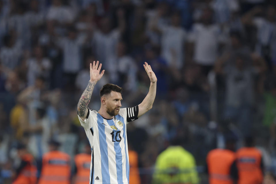 Argentina's Lionel Messi celebrates scoring during an international friendly soccer match against Curacao in Santiago del Estero, Argentina, Tuesday, March 28, 2023. (AP Photo/Nicolas Aguilera)