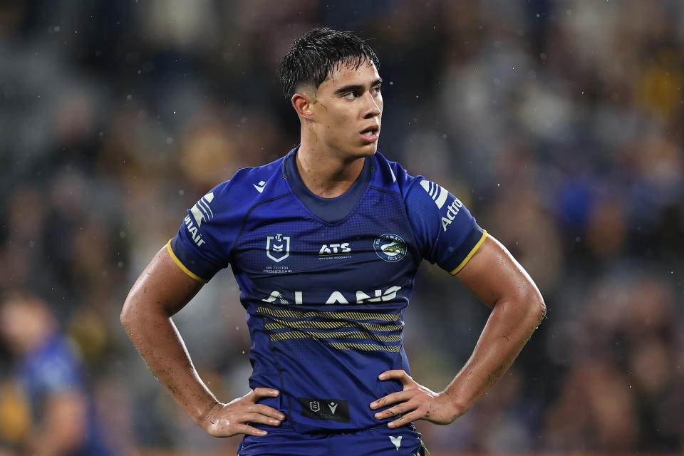 SYDNEY, AUSTRALIA - MAY 10:  Blaize Talagi of the Eelsreacts during the round 10 NRL match between Parramatta Eels and Brisbane Broncos at CommBank Stadium on May 10, 2024, in Sydney, Australia. (Photo by Brendon Thorne/Getty Images)